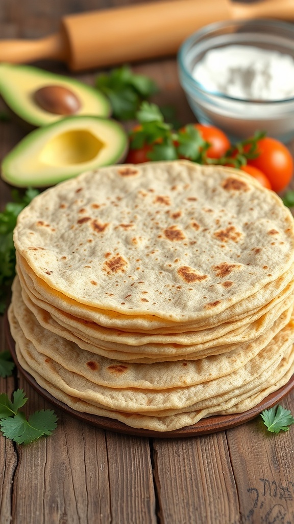 A stack of warm whole wheat tortillas on a wooden table with fresh ingredients for tacos.